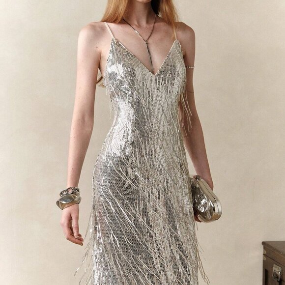 Silver Sequin Women's Spaghetti Strap Midi Bodycon Dress - Picture 3 of 7